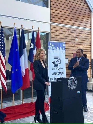 Constance Bost, FACC Executive Director, speaking at the podium with Eric Johnson, Mayor of Dallas, at the FACC Trade Office Opening Ceremony, December 2022